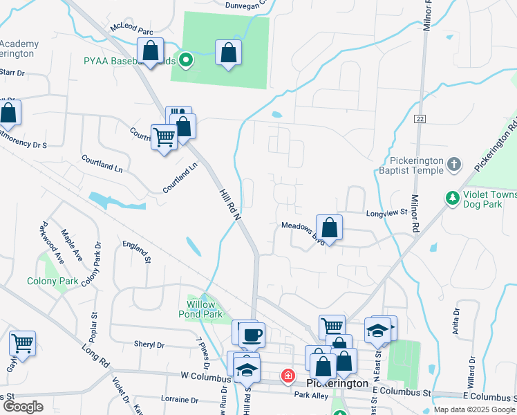 map of restaurants, bars, coffee shops, grocery stores, and more near 134 Alexander Lawrence Drive in Pickerington