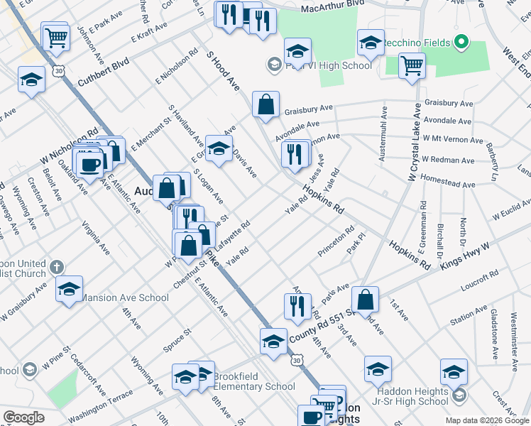 map of restaurants, bars, coffee shops, grocery stores, and more near 138 Lafayette Road in Audubon