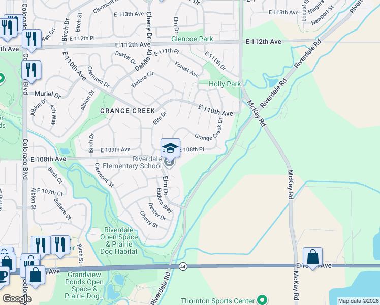 map of restaurants, bars, coffee shops, grocery stores, and more near 5052 East 108th Place in Thornton