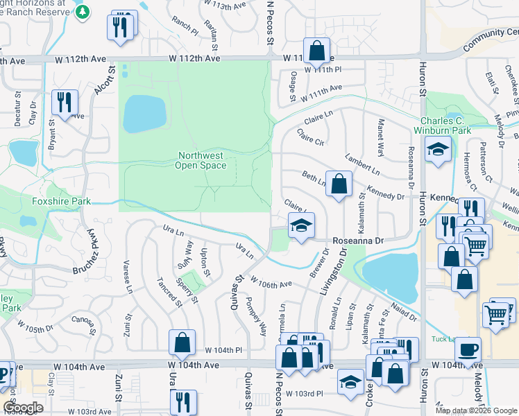 map of restaurants, bars, coffee shops, grocery stores, and more near 10701 North Pecos Street in Northglenn