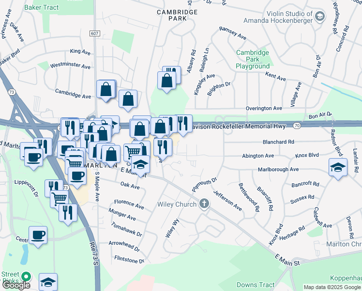 map of restaurants, bars, coffee shops, grocery stores, and more near 123 Route 70 West in Evesham