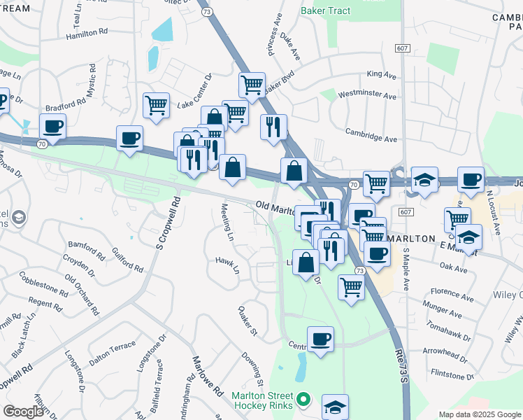 map of restaurants, bars, coffee shops, grocery stores, and more near 80 Canterbury Court in Evesham