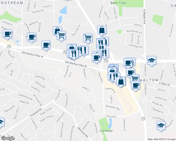 map of restaurants, bars, coffee shops, grocery stores, and more near 3 Ashley Court in Evesham Township