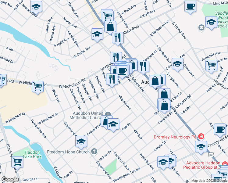 map of restaurants, bars, coffee shops, grocery stores, and more near 110 Virginia Avenue in Audubon
