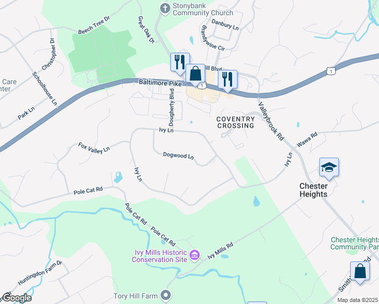 map of restaurants, bars, coffee shops, grocery stores, and more near 43 Dogwood Lane in Delaware County