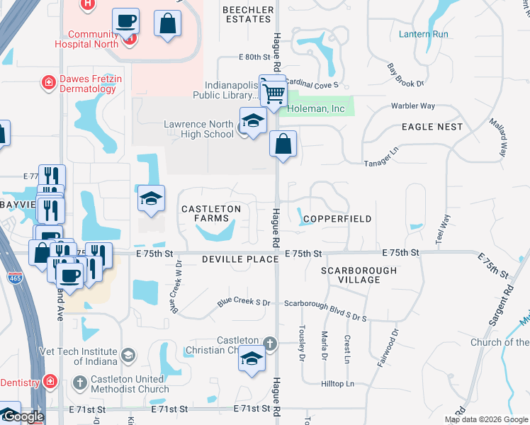 map of restaurants, bars, coffee shops, grocery stores, and more near 7605 Farm View Circle East in Indianapolis