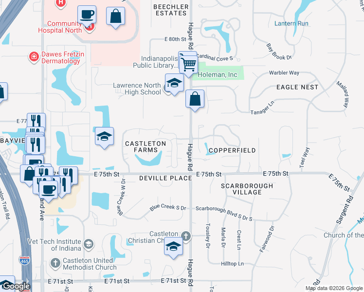 map of restaurants, bars, coffee shops, grocery stores, and more near 7605 Farm View Circle East in Indianapolis