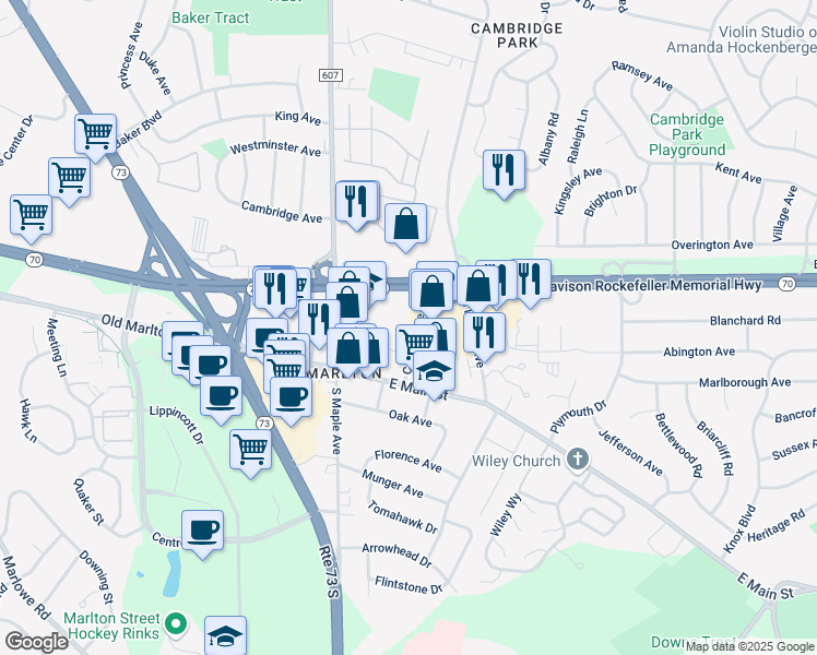 map of restaurants, bars, coffee shops, grocery stores, and more near 24 Cooper Avenue in Evesham