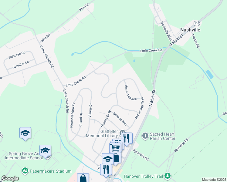 map of restaurants, bars, coffee shops, grocery stores, and more near 301 Greenwood Road in Spring Grove