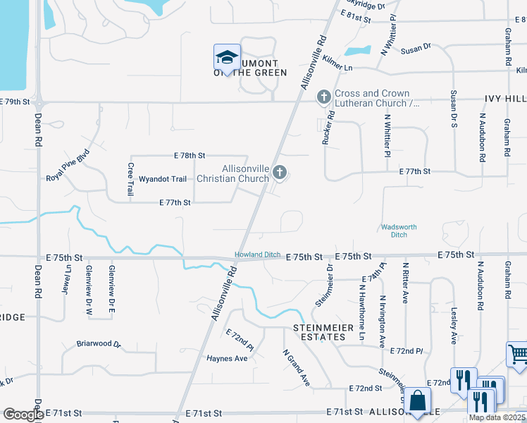 map of restaurants, bars, coffee shops, grocery stores, and more near 7607 Allisonville Road in Indianapolis