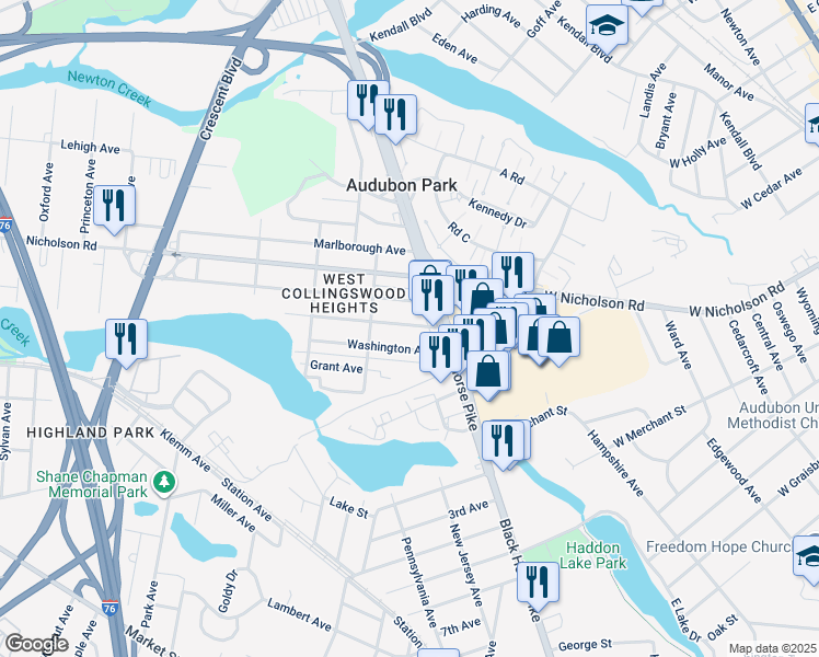 map of restaurants, bars, coffee shops, grocery stores, and more near 1 Lincoln Avenue in Haddon Township