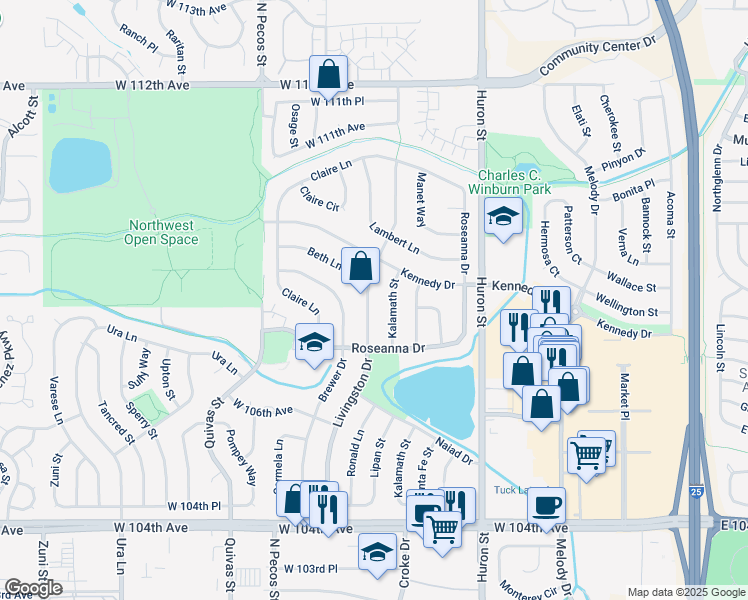 map of restaurants, bars, coffee shops, grocery stores, and more near 10796 Livingston Drive in Northglenn