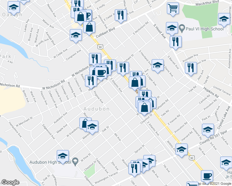 map of restaurants, bars, coffee shops, grocery stores, and more near 152 West Atlantic Avenue in Audubon