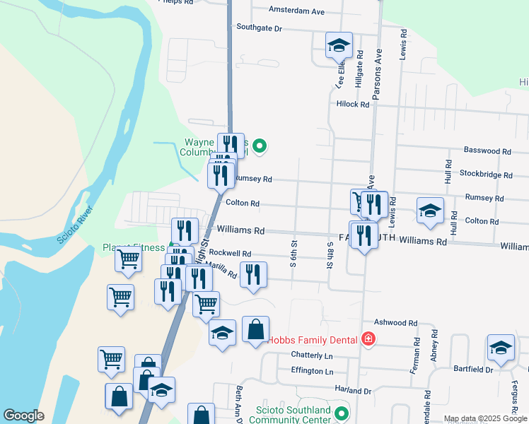 map of restaurants, bars, coffee shops, grocery stores, and more near 101 Colton Road in Columbus