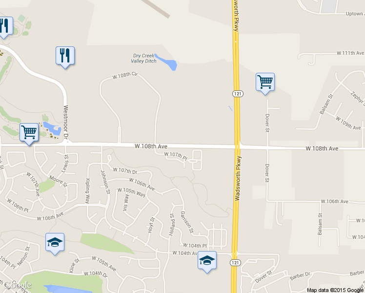 map of restaurants, bars, coffee shops, grocery stores, and more near 9198 W 108th Ave in Westminster