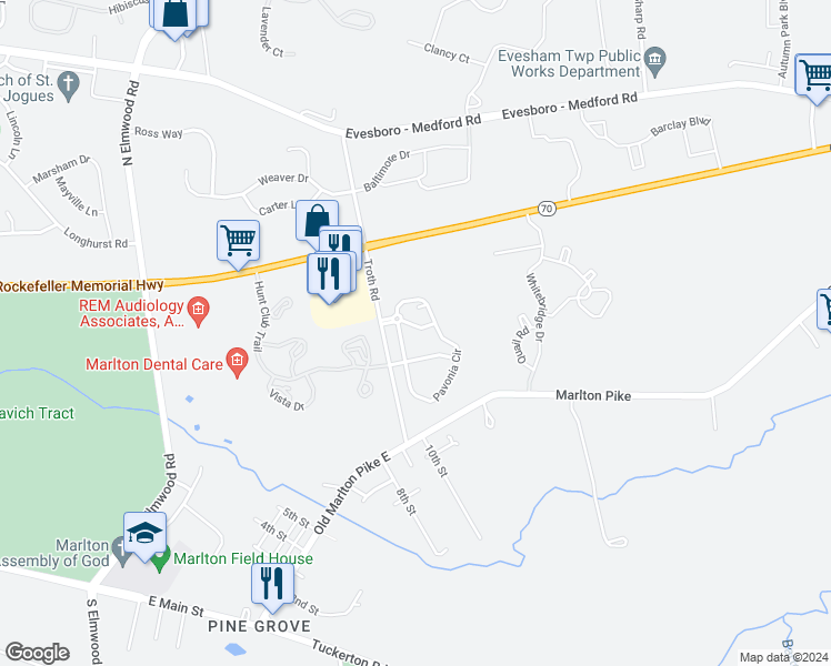 map of restaurants, bars, coffee shops, grocery stores, and more near 108 Daphne Drive in Evesham