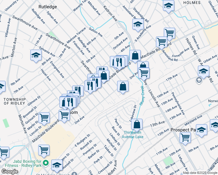 map of restaurants, bars, coffee shops, grocery stores, and more near 219 Folsom Avenue in Folsom