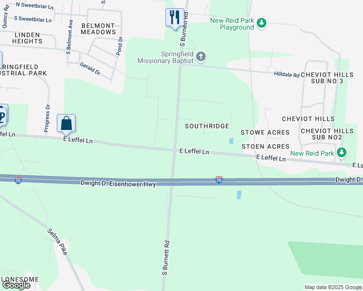 map of restaurants, bars, coffee shops, grocery stores, and more near 2612 East Leffel Lane in Springfield