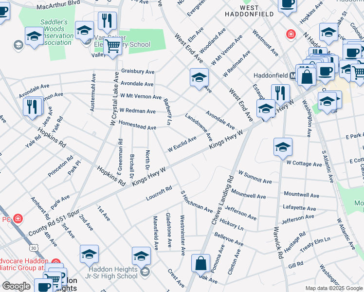 map of restaurants, bars, coffee shops, grocery stores, and more near 444 West Euclid Avenue in Haddonfield
