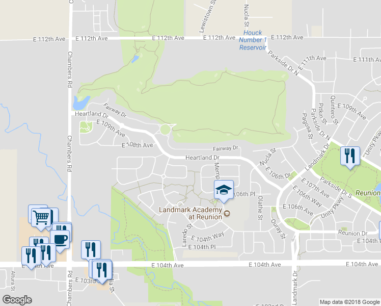 map of restaurants, bars, coffee shops, grocery stores, and more near 16120 Fairway Drive in Commerce City