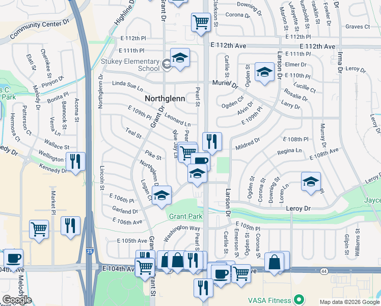 map of restaurants, bars, coffee shops, grocery stores, and more near 10814 Pearl Court in Northglenn