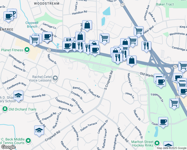 map of restaurants, bars, coffee shops, grocery stores, and more near 256 Griscom Court in Evesham Township