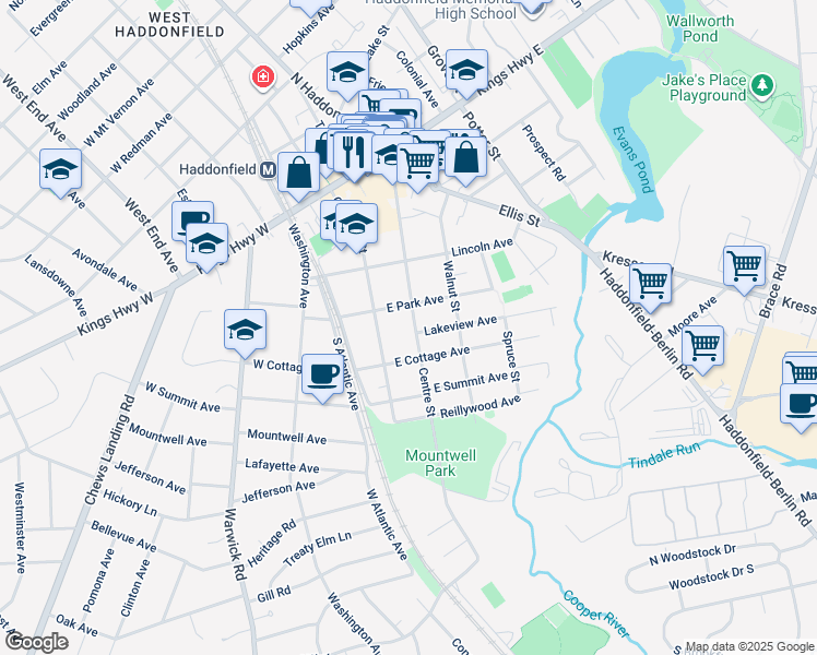 map of restaurants, bars, coffee shops, grocery stores, and more near 216 Centre Street in Haddonfield