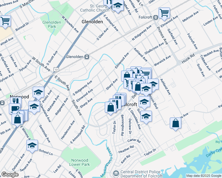 map of restaurants, bars, coffee shops, grocery stores, and more near 305 Sharp Avenue in Glenolden