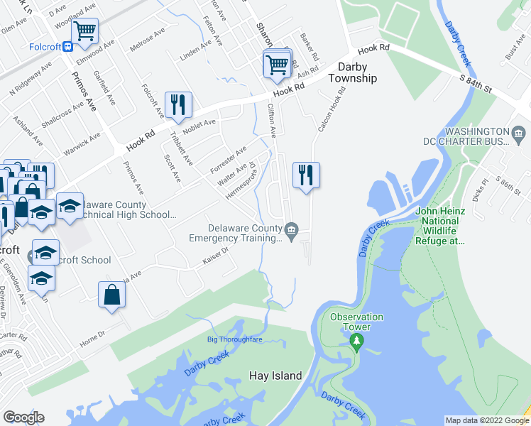 map of restaurants, bars, coffee shops, grocery stores, and more near 1554 Roosevelt Drive in Sharon Hill