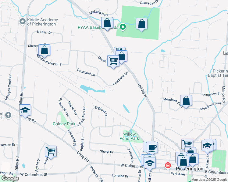 map of restaurants, bars, coffee shops, grocery stores, and more near 101 Lakepoint Court in Pickerington