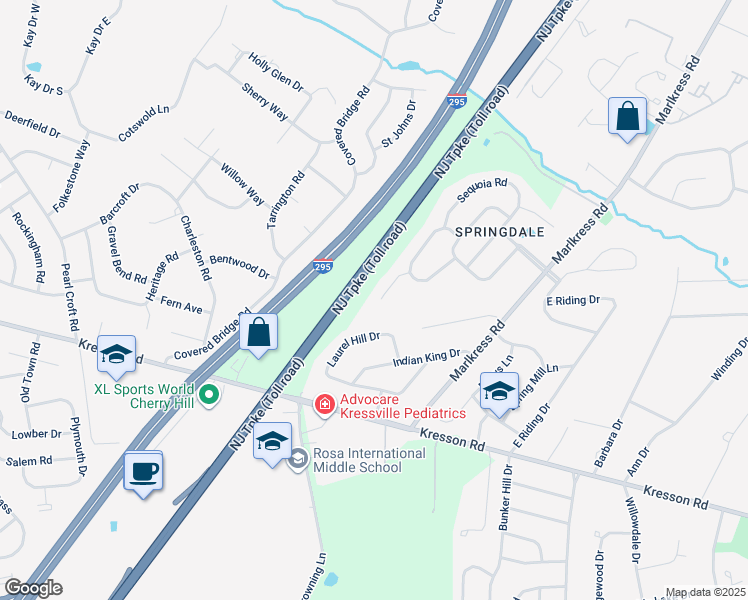 map of restaurants, bars, coffee shops, grocery stores, and more near 16 Roland Court in Cherry Hill