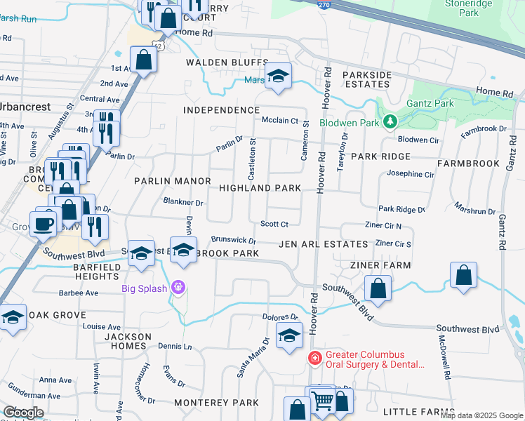 map of restaurants, bars, coffee shops, grocery stores, and more near 2599 McDonald Court in Grove City