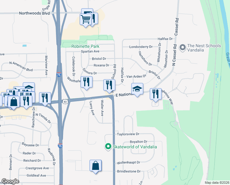 map of restaurants, bars, coffee shops, grocery stores, and more near 911 East National Road in Vandalia
