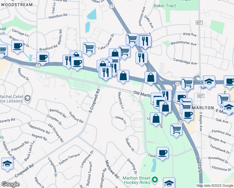 map of restaurants, bars, coffee shops, grocery stores, and more near 3 Explorer Court in Evesham