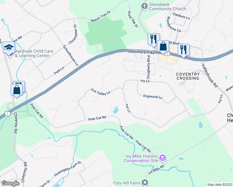 map of restaurants, bars, coffee shops, grocery stores, and more near 14 Fox Valley Lane in Glen Mills