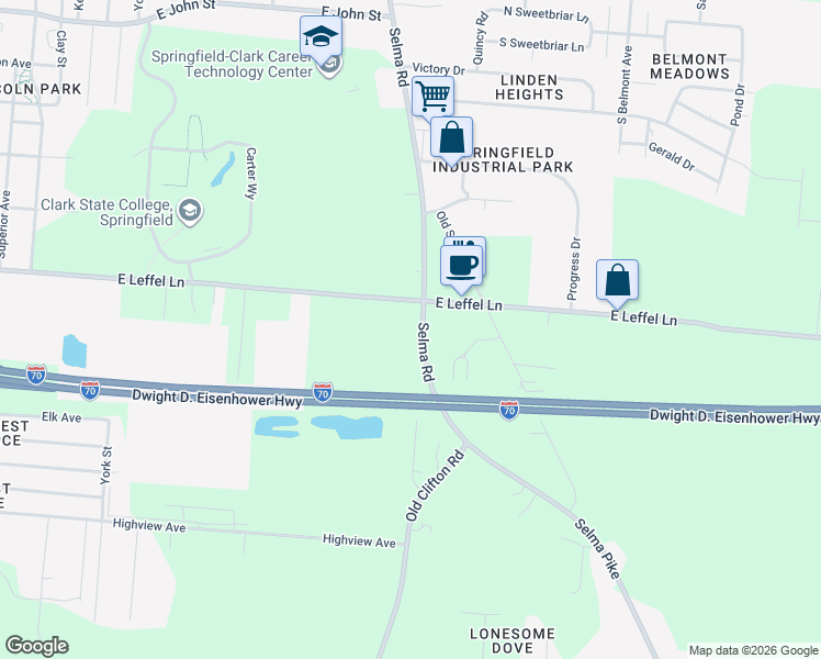 map of restaurants, bars, coffee shops, grocery stores, and more near 2328-2340 Selma Road in Springfield