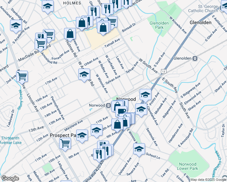 map of restaurants, bars, coffee shops, grocery stores, and more near 130 West Ridley Avenue in Norwood