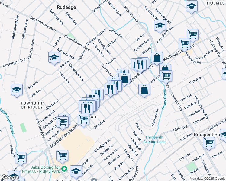 map of restaurants, bars, coffee shops, grocery stores, and more near 309 Ridley Avenue in Folsom