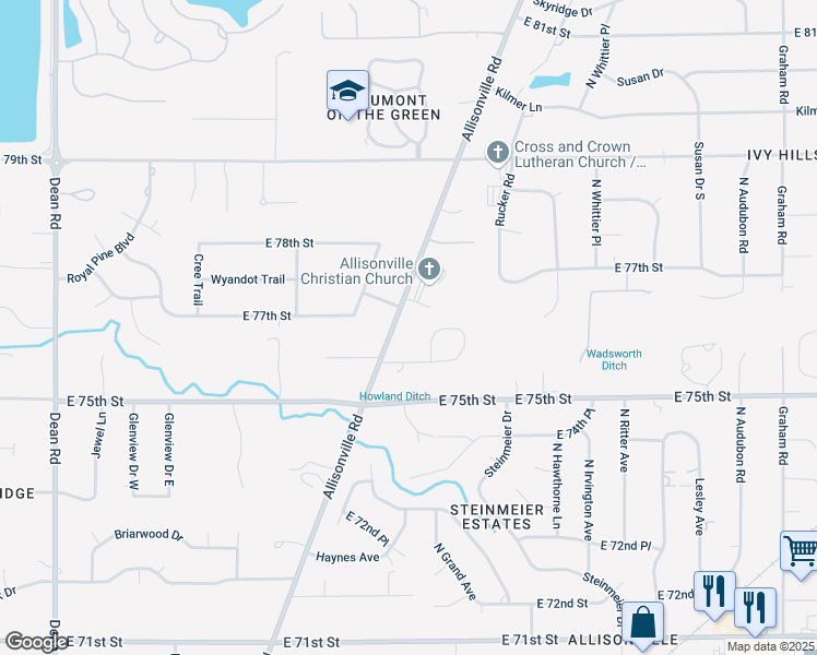 map of restaurants, bars, coffee shops, grocery stores, and more near 7607 Allisonville Road in Indianapolis