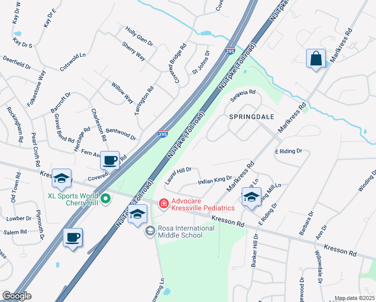 map of restaurants, bars, coffee shops, grocery stores, and more near 16 Roland Court in Cherry Hill