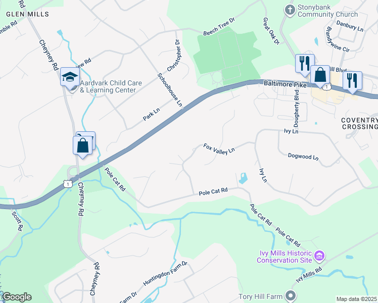 map of restaurants, bars, coffee shops, grocery stores, and more near 79 Fox Valley Lane in Glen Mills
