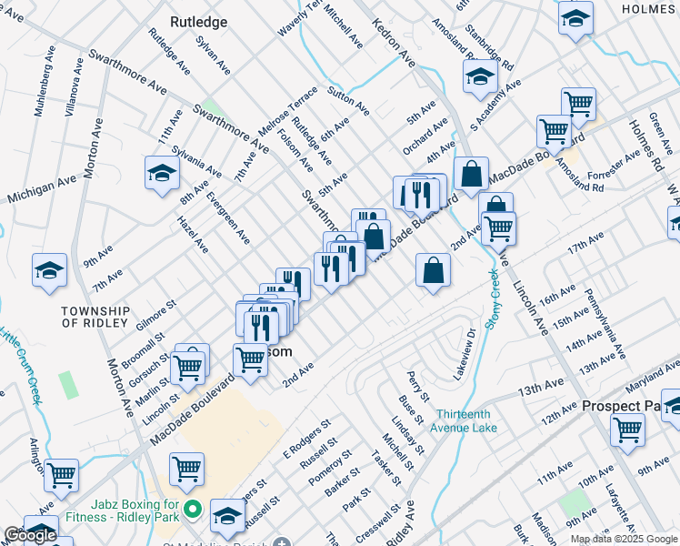 map of restaurants, bars, coffee shops, grocery stores, and more near 309 Ridley Avenue in Folsom