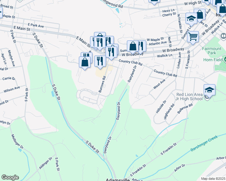 map of restaurants, bars, coffee shops, grocery stores, and more near 181 Country Ridge Drive in Red Lion