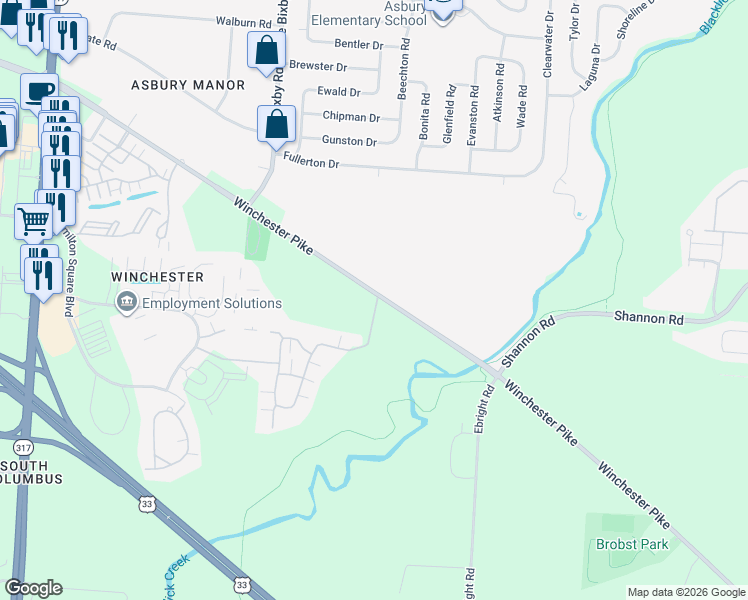 map of restaurants, bars, coffee shops, grocery stores, and more near 4111 Wincove Drive in Groveport