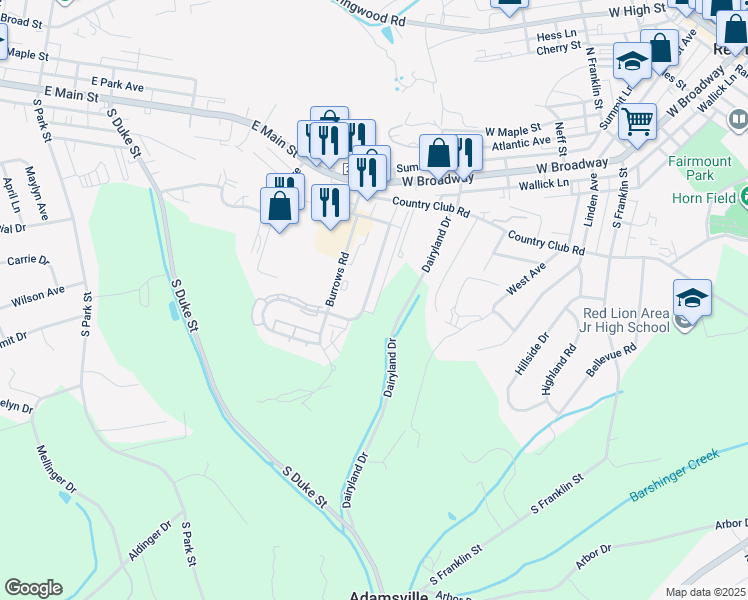 map of restaurants, bars, coffee shops, grocery stores, and more near 181 Country Ridge Drive in Red Lion
