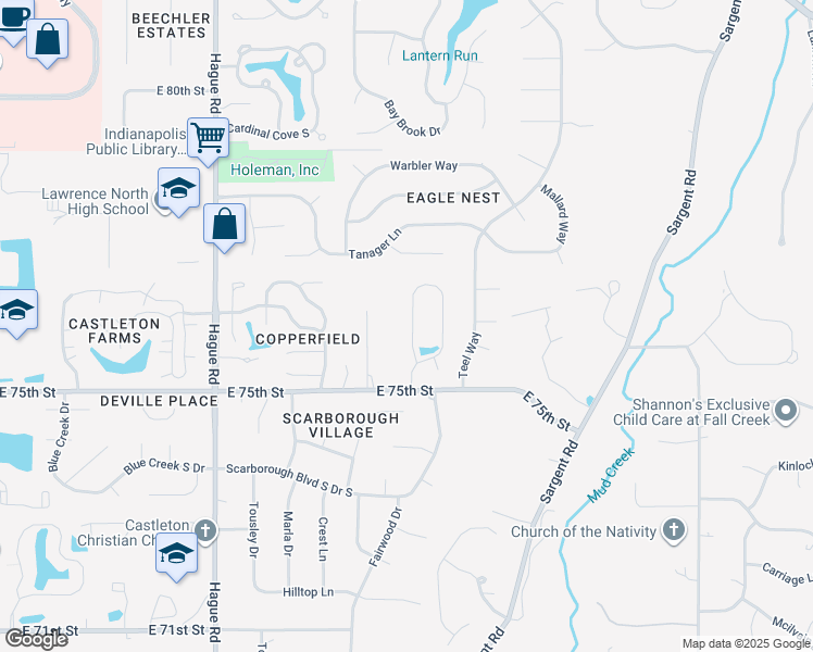 map of restaurants, bars, coffee shops, grocery stores, and more near 7602 Pinesprings West Drive in Indianapolis