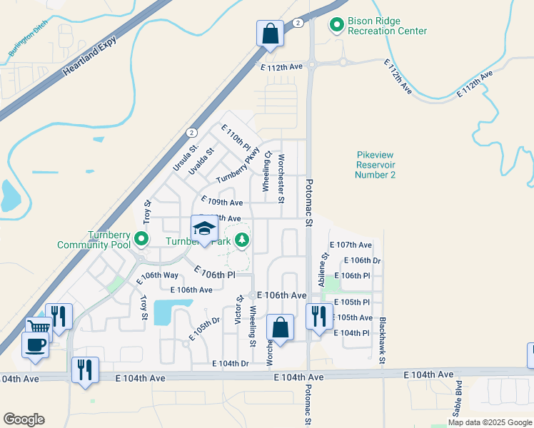 map of restaurants, bars, coffee shops, grocery stores, and more near 10797 Wheeling Drive in Commerce City