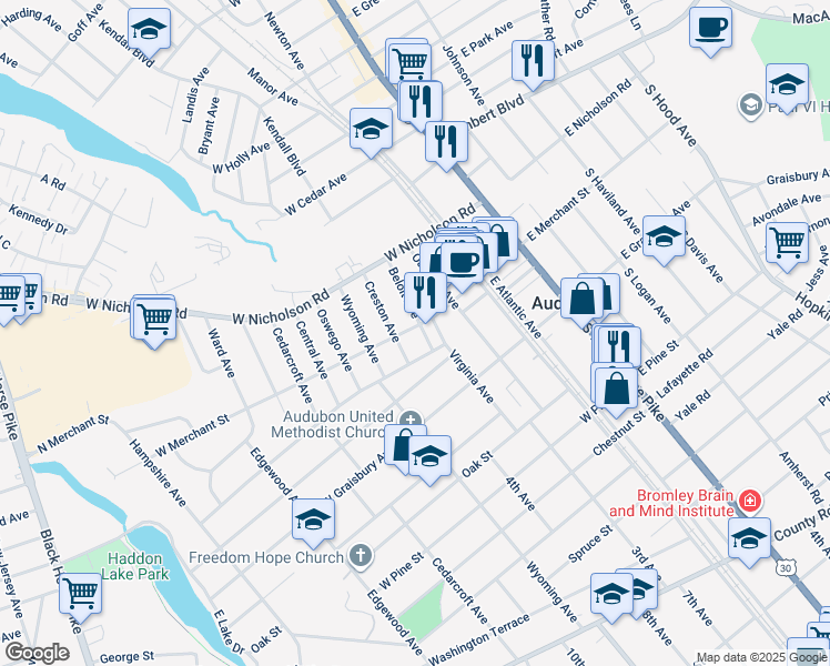 map of restaurants, bars, coffee shops, grocery stores, and more near 110 Virginia Avenue in Audubon