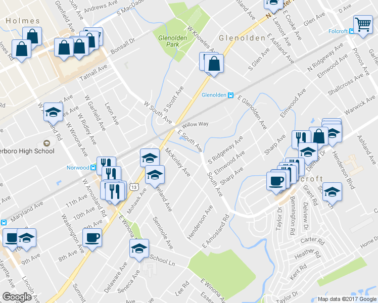map of restaurants, bars, coffee shops, grocery stores, and more near 21 Woodland Avenue in Norwood