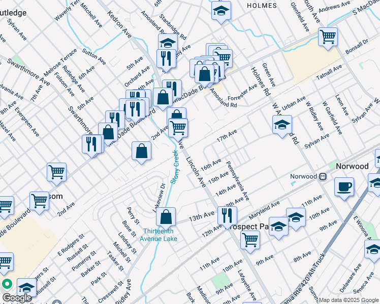 map of restaurants, bars, coffee shops, grocery stores, and more near 1637 Lincoln Avenue in Prospect Park